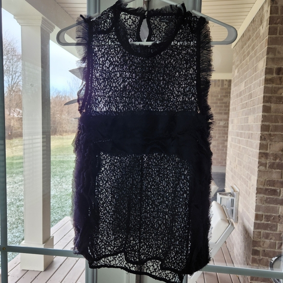 Sexy Sheer Black Top Trouvè Small Ruffled Gorgeous Flattering Keyhole Button - Picture 2 of 12